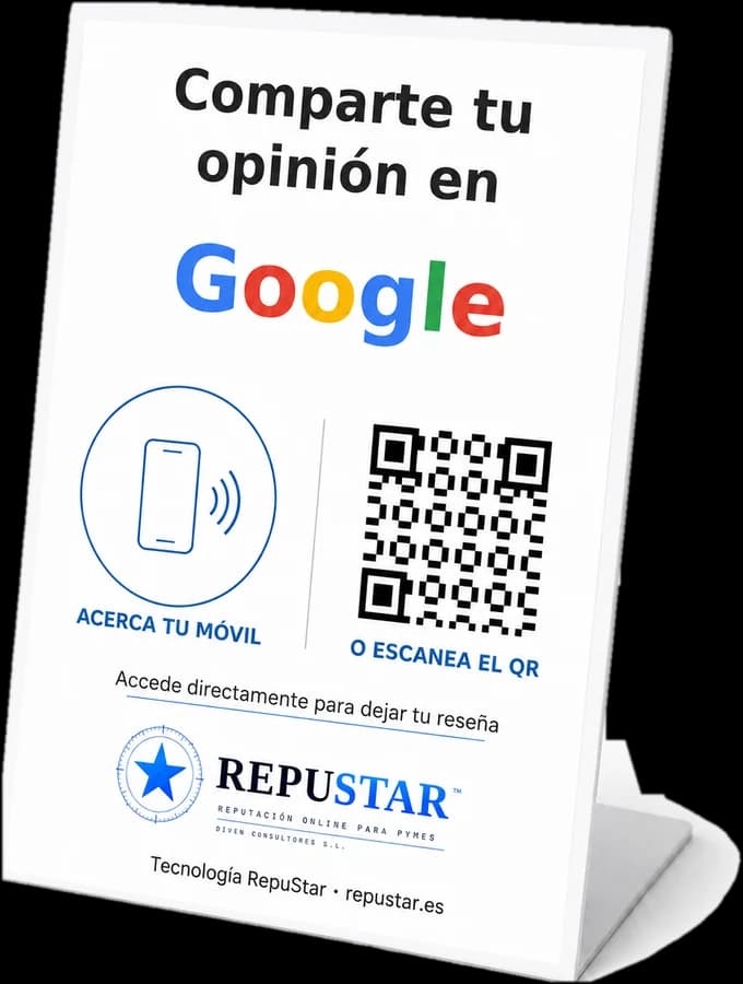 Soporte NFC y QR de sobremesa de RepuStar sobre el mostrador de una Empresa