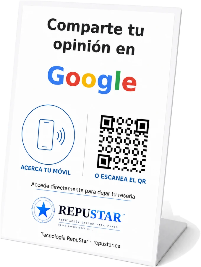 Soporte NFC y QR de RepuStar sobre el mostrador de una Empresa